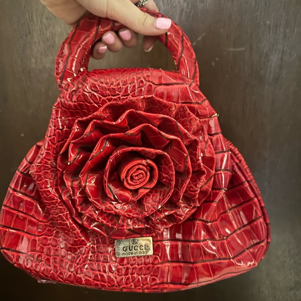 Gucci Red Embossed Mini Bag with Rose Detail